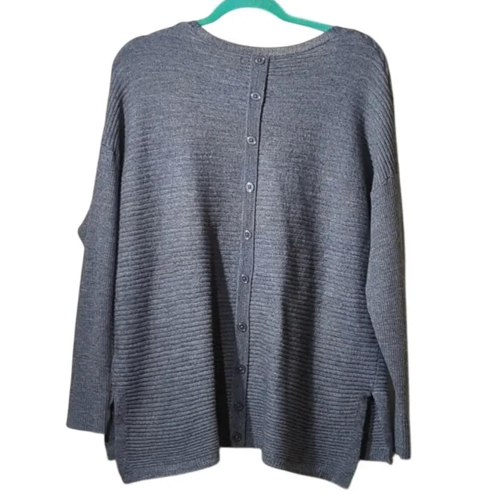 Tahari Plus Size Gray Wool Blend Drop Sleeve Button Down Back Sweater Size 2X